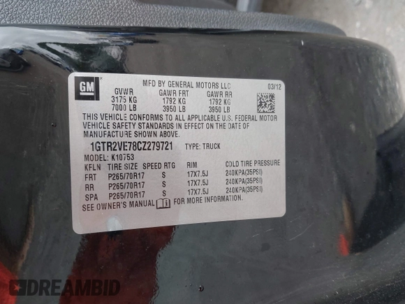 2012 GMC Sierra 1500 SLE z VIN 1GTR2VE78CZ279721, wystawiony jako IAAI lot #42311145 z przebiegiem 203 381 mil mil oraz . Historia ofert i sprzedaży dostępna na DreamBid. Obrazek 9.