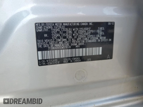 2012 Toyota RAV4 Limited z VIN 2T3DK4DV5CW078539, wystawiony jako Copart lot #57960745 z przebiegiem 140 875 mil mil oraz Szkoda całkowita • Salvage title. Historia ofert i sprzedaży dostępna na DreamBid. Obrazek 13.