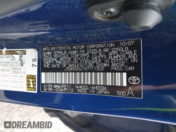 2008 Toyota Prius z VIN JTDKB20U187717303, wystawiony jako IAAI lot #42531589 z przebiegiem 258 804 mil mil oraz . Historia ofert i sprzedaży dostępna na DreamBid. Obrazek 9.