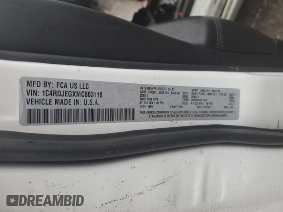2021 Dodge Durango Citadel with VIN 1C4RDJEGXMC663118, listed as a Copart auction lot 43566615 with 83,284 mi miles and Salvage title. Bid and sale history available at DreamBid. Image 14.