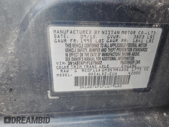 2015 Nissan Sentra SR with VIN 3N1AB7AP1FL679682, listed as a Copart auction lot 55396415 with 192,477 mi miles and Clean Title. Bid and sale history available at DreamBid. Image 12.