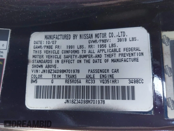 2008 Nissan 350Z with VIN JN1BZ34D98M701978, listed as a IAAI auction lot 41705506 with 114,301 mi miles. Bid and sale history available at carsss.com. Image 9.