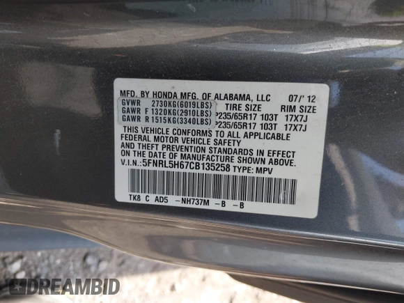 2012 Honda Odyssey EX-L с VIN 5FNRL5H67CB135258, выставлен на аукционе IAAI как лот 42577292 с пробегом 53 451 миль миль и . История ставок и продаж доступна на DreamBid. Изображение 9.