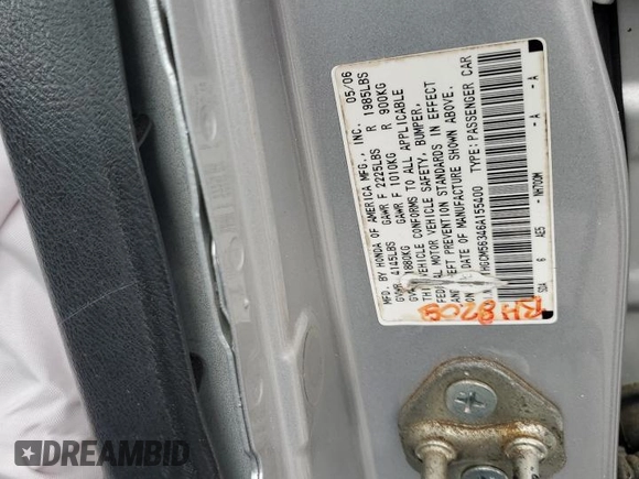 2006 Honda Accord LX SE with VIN 1HGCM56346A155400, listed as a Copart auction lot 58986125 with 284,144 mi miles and Salvage title. Bid and sale history available at DreamBid. Image 12.