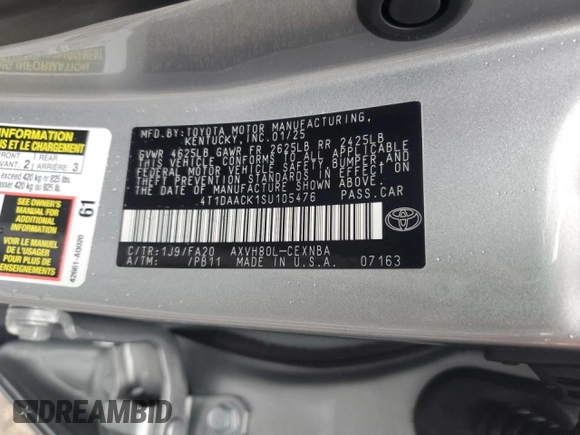 2025 Toyota Camry LE with VIN 4T1DAACK1SU105476, listed as a Copart auction lot 50308245 with 3,356 mi miles and Salvage Title. Bid and sale history available at carsss.com. Image 12.