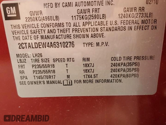 2010 GMC Terrain SLE-2 с VIN 2CTALDEW4A6310276, выставлен на аукционе Copart как лот 57799245 с пробегом 168 068 миль миль и На запчасти • Non repairable. История ставок и продаж доступна на DreamBid. Изображение 13.