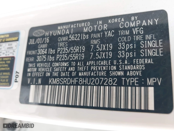 2017 Hyundai Santa Fe Limited Ultimate with VIN KM8SRDHF8HU207282, listed as a IAAI auction lot 41555970 with 120,456 mi miles. Bid and sale history available at carsss.com. Image 9.