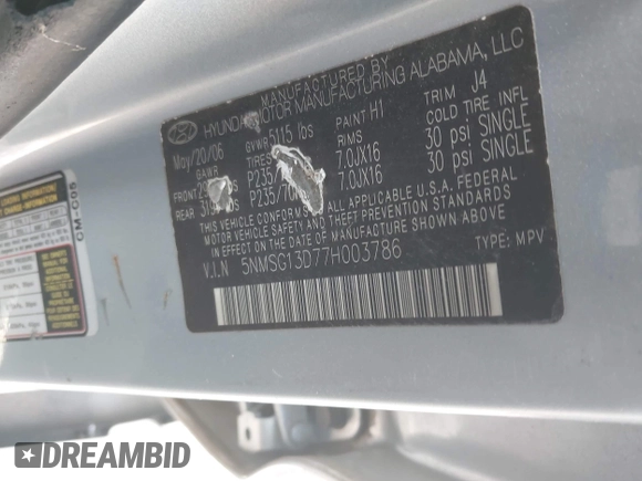 2007 Hyundai Santa Fe GLS with VIN 5NMSG13D77H003786, listed as a IAAI auction lot 42420181 with Not provided miles and . Bid and sale history available at DreamBid. Image 9.