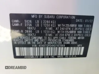 2022 Subaru Outback Touring XT with VIN 4S4BTGPD4N3187889, listed as a Copart auction lot 48377005 with 19,109 mi miles and Salvage title. Bid and sale history available at DreamBid. Image 13.