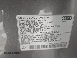 2014 Audi Q7 S line Prestige with VIN WA1DGAFE2ED015034, listed as a IAAI auction lot 42443990 with 51,612 mi miles and . Bid and sale history available at DreamBid. Image 9.