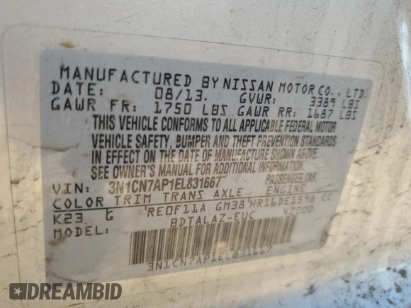 2014 Nissan Versa SV with VIN 3N1CN7AP1EL831667, listed as a Copart auction lot 48703665 with 125,376 mi miles and Salvage Title. Bid and sale history available at DreamBid. Image 13.