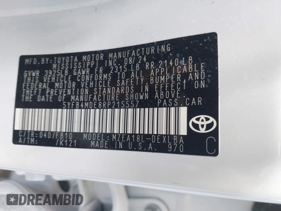 2024 Toyota Corolla LE with VIN 5YFB4MDE8RP215557, listed as a IAAI auction lot 42651885 with 11,907 mi miles and . Bid and sale history available at DreamBid. Image 9.