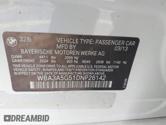 2013 BMW 3 Series 328i with VIN WBA3A5G51DNP26142, listed as a IAAI auction lot 41767977 with 129,440 mi miles. Bid and sale history available at carsss.com. Image 9.