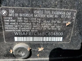 2011 BMW 5 Series 535i with VIN WBAFR7C56BC604800, listed as a Copart auction lot 53916605 with 85,442 mi miles and Salvage Title. Bid and sale history available at carsss.com. Image 12.