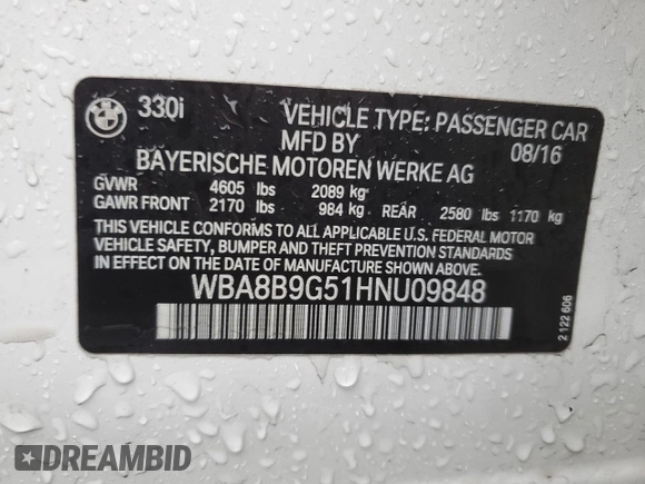 2017 BMW 3 Series 330i with VIN WBA8B9G51HNU09848, listed as a Copart auction lot 48812075 with 105,075 mi miles and Salvage Title. Bid and sale history available at carsss.com. Image 14.