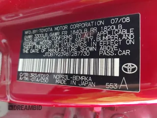 2008 Toyota Yaris with VIN JTDBT923981287730, listed as a IAAI auction lot 42141989 with 206,377 mi miles. Bid and sale history available at carsss.com. Image 9.