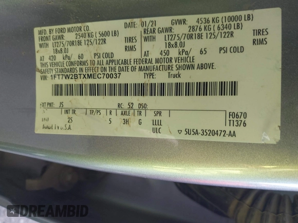 2021 Ford Super Duty F-250 SRW XL with VIN 1FT7W2BTXMEC70037, listed as a IAAI auction lot 40989388 with 109,816 mi miles. Bid and sale history available at carsss.com. Image 9.