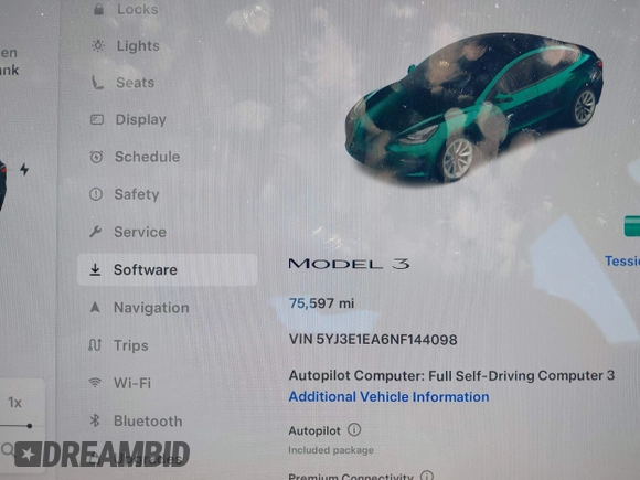 2022 Tesla Model 3 with VIN 5YJ3E1EA6NF144098, listed as a IAAI auction lot 41965360 with 75,597 mi miles. Bid and sale history available at carsss.com. Image 15.