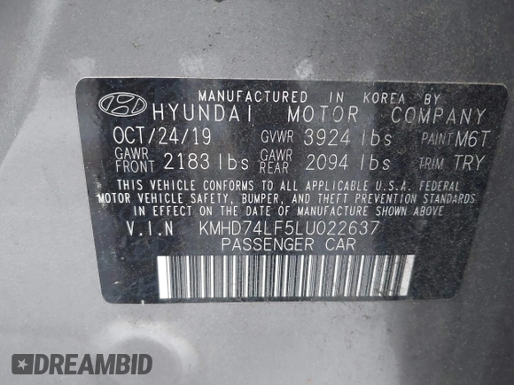 2020 Hyundai Elantra SE with VIN KMHD74LF5LU022637, listed as a IAAI auction lot 41946099 with 20,482 mi miles. Bid and sale history available at carsss.com. Image 9.