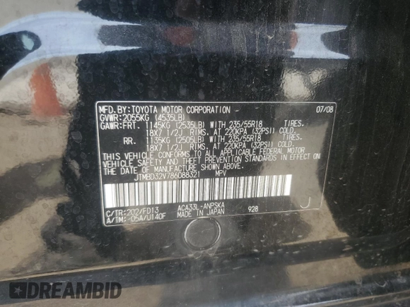 2008 Toyota RAV4 Sport with VIN JTMBD32V786088321, listed as a Copart auction lot 57998825 with 93,145 mi miles and Salvage title. Bid and sale history available at DreamBid. Image 13.