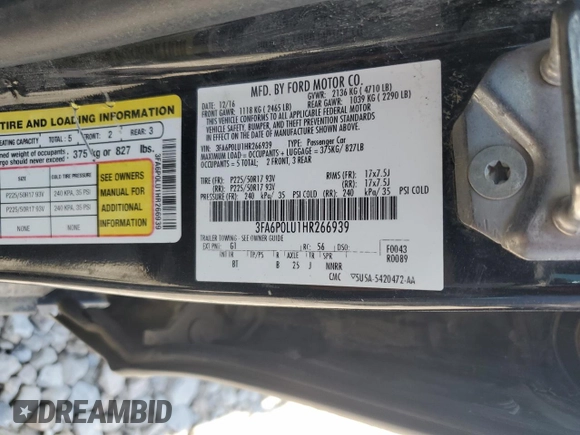 2017 Ford Fusion Hybrid SE with VIN 3FA6P0LU1HR266939, listed as a Copart auction lot 61018305 with 121,293 mi miles and Salvage title. Bid and sale history available at DreamBid. Image 12.