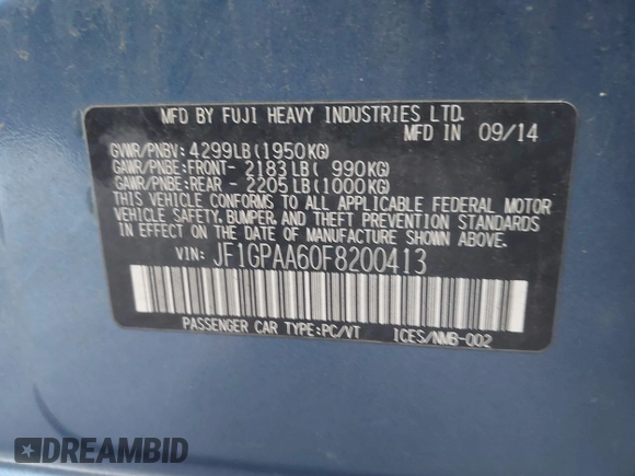 2015 Subaru Impreza 2.0i z VIN JF1GPAA60F8200413, wystawiony jako IAAI lot #42452618 z przebiegiem 140 643 mil mil oraz . Historia ofert i sprzedaży dostępna na DreamBid. Obrazek 9.