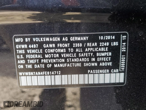 2015 Volkswagen CC Sport with VIN WVWBN7AN4FE814712, listed as a Copart auction lot 48027705 with 102,477 mi miles and Salvage Title. Bid and sale history available at DreamBid. Image 12.