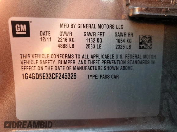 2012 Buick LaCrosse Premium 1 с VIN 1G4GD5E33CF245326, выставлен на аукционе Copart как лот 64464575 с пробегом 196 562 миль миль и Чистый • Clean title. История ставок и продаж доступна на DreamBid. Изображение 12.