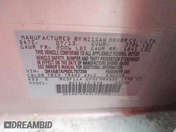 2013 Nissan Sentra SR z VIN 3N1AB7AP6DL757256, wystawiony jako IAAI lot #42366241 z przebiegiem 170 482 mil mil oraz . Historia ofert i sprzedaży dostępna na DreamBid. Obrazek 9.