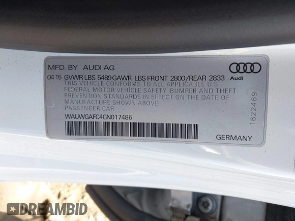 2016 Audi A7 3.0 Premium Plus with VIN WAUWGAFC4GN017486, listed as a IAAI auction lot 40057097 with 85,937 mi miles. Bid and sale history available at carsss.com. Image 9.