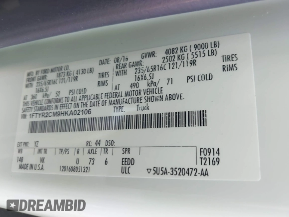 2017 Ford Transit with VIN 1FTYR2CM9HKA02106, listed as a IAAI auction lot 42514311 with 71,546 mi miles and . Bid and sale history available at DreamBid. Image 9.