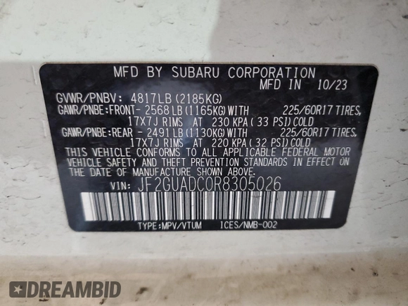 2024 Subaru Crosstrek Premium с VIN JF2GUADC0R8305026, выставлен на аукционе Copart как лот 54428795 с пробегом 19 417 миль миль и Списание • Salvage title. История ставок и продаж доступна на DreamBid. Изображение 12.