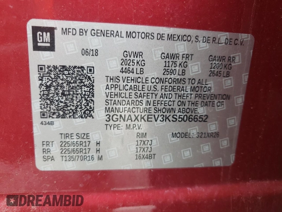 2019 Chevrolet Equinox LT with VIN 3GNAXKEV3KS506652, listed as a Copart auction lot 56591725 with 103,896 mi miles and Salvage title. Bid and sale history available at DreamBid. Image 14.