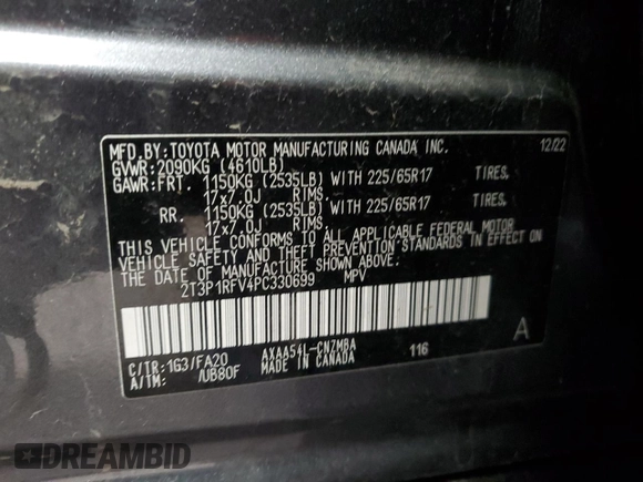 2023 Toyota RAV4 XLE with VIN 2T3P1RFV4PC330699, listed as a Copart auction lot 60452155 with 31,424 mi miles and Salvage title. Bid and sale history available at DreamBid. Image 13.