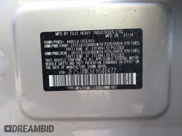 2015 Subaru Forester Touring with VIN JF2SJAWC6FH546472, listed as a IAAI auction lot 42513843 with 107,951 mi miles and . Bid and sale history available at DreamBid. Image 9.