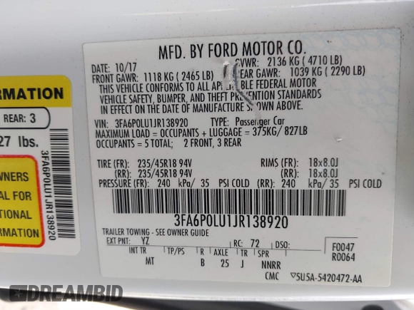 2018 Ford Fusion SE with VIN 3FA6P0LU1JR138920, listed as a IAAI auction lot 41884176 with 78,607 mi miles and . Bid and sale history available at DreamBid. Image 9.