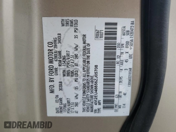 2006 Mercury Mountaineer Premier with VIN 4M2EU48856ZJ05708, listed as a Copart auction lot 47602565 with 227,370 mi miles and Salvage title. Bid and sale history available at DreamBid. Image 13.