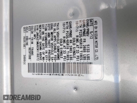 2012 Nissan Murano S with VIN JN8AZ1MU6CW116872, listed as a IAAI auction lot 42107422 with 114,601 mi miles and . Bid and sale history available at DreamBid. Image 9.