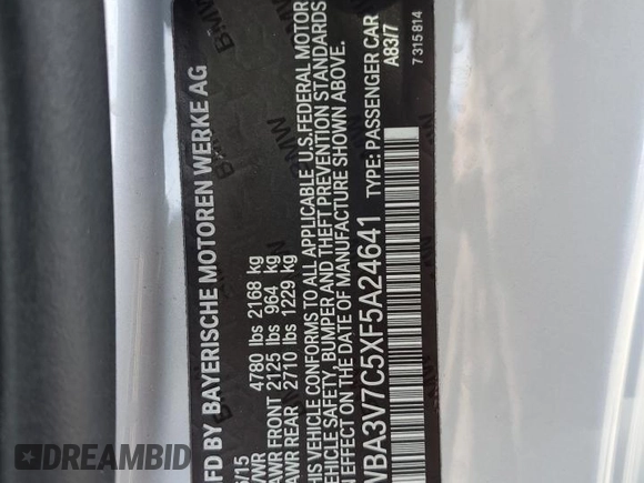 2015 BMW 4 Series 428i with VIN WBA3V7C5XF5A24641, listed as a Copart auction lot 61195125 with 60,499 mi miles and Salvage title. Bid and sale history available at DreamBid. Image 12.