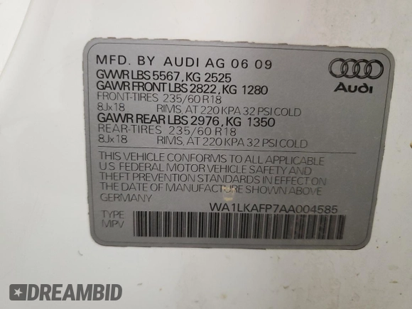2010 Audi Q5 Premium Plus with VIN WA1LKAFP7AA004585, listed as a Copart auction lot 51585445 with 97,534 mi miles and Salvage title. Bid and sale history available at DreamBid. Image 16.