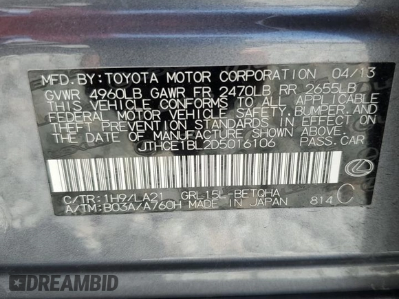 2013 Lexus GS 350 with VIN JTHCE1BL2D5016106, listed as a Copart auction lot 60410215 with 200,593 mi miles and Non repairable. Bid and sale history available at DreamBid. Image 13.