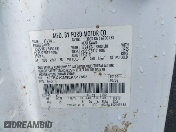 2014 Ford F-150 XL z VIN 1FTEX1CM9EKG17852, wystawiony jako IAAI lot #42483032 z przebiegiem 256 056 mil mil oraz . Historia ofert i sprzedaży dostępna na DreamBid. Obrazek 9.