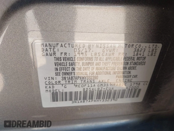 2017 Nissan Sentra SR z VIN 3N1AB7APXHY332390, wystawiony jako IAAI lot #42049476 z przebiegiem 87 483 mil mil oraz . Historia ofert i sprzedaży dostępna na DreamBid. Obrazek 9.