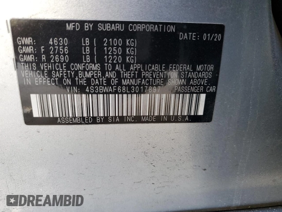 2020 Subaru Legacy Special Sports with VIN 4S3BWAF68L3017897, listed as a Copart auction lot 42017845 with Not Provided miles and Salvage Title. Bid and sale history available at carsss.com. Image 12.