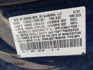 2007 Honda Odyssey LX with VIN 5FNRL38277B098798, listed as a IAAI auction lot 41998802 with 205,657 mi miles and . Bid and sale history available at carsss.com. Image 9.