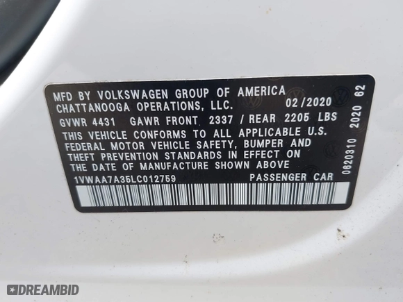 2020 Volkswagen Passat 2.0T S with VIN 1VWAA7A35LC012759, listed as a IAAI auction lot 39909072 with 50,690 mi miles. Bid and sale history available at carsss.com. Image 9.