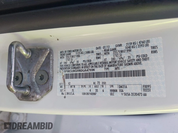 2013 Ford Escape SE с VIN 1FMCU9GX6DUA47696, выставлен на аукционе IAAI как лот 41753754 с пробегом 135 446 миль миль и . История ставок и продаж доступна на DreamBid. Изображение 9.