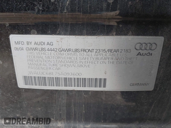 2005 Audi A4 1.8T z VIN WAUJC68E75A093600, wystawiony jako IAAI lot #42370573 z przebiegiem 109 664 mil mil oraz . Historia ofert i sprzedaży dostępna na DreamBid. Obrazek 9.