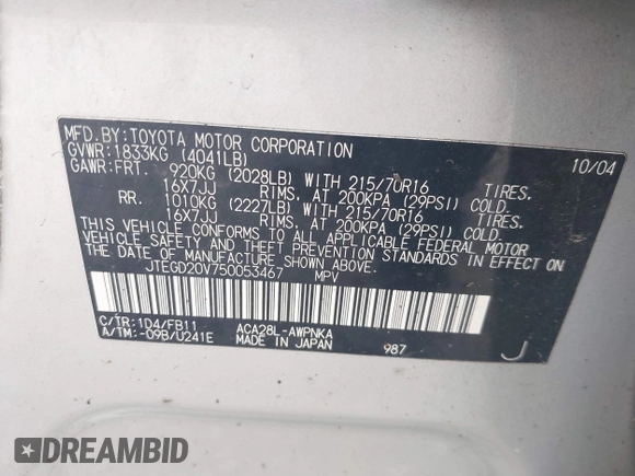 2005 Toyota RAV4 with VIN JTEGD20V750053467, listed as a IAAI auction lot 42127532 with 421,160 mi miles and . Bid and sale history available at DreamBid. Image 9.