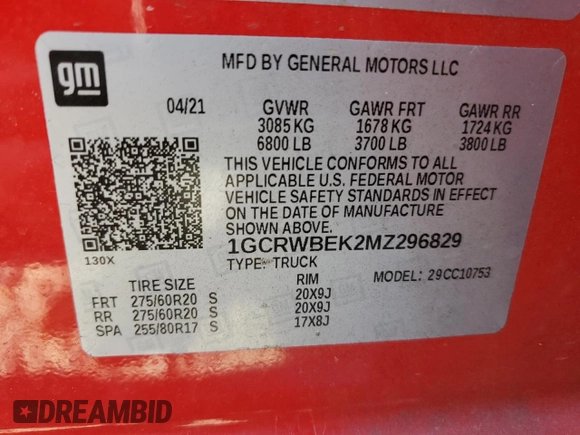 2021 Chevrolet Silverado 1500 Custom with VIN 1GCRWBEK2MZ296829, listed as a Copart auction lot 52145575 with 96,109 mi miles and Salvage Title. Bid and sale history available at DreamBid. Image 12.